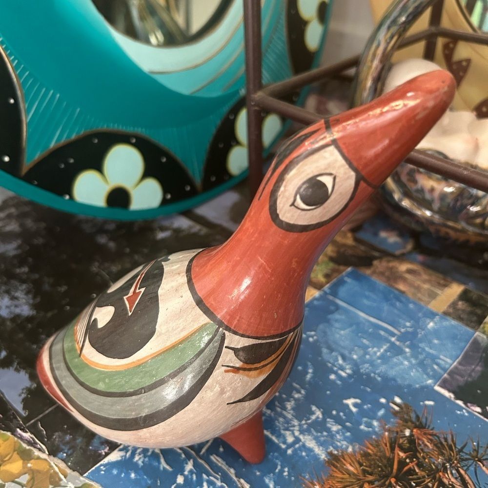 Vintage Tonala Folk Art Pottery Hand Painted Ceramic Duck Figurine, Mexico